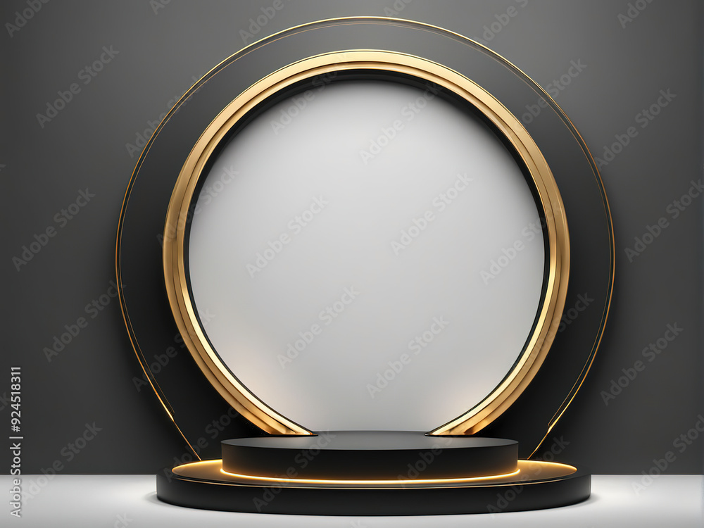Black and gold podium with glowing light. Perfect for product displays and presentations. Black and gold podium with glowing light. Perfect for product displays and presentations.