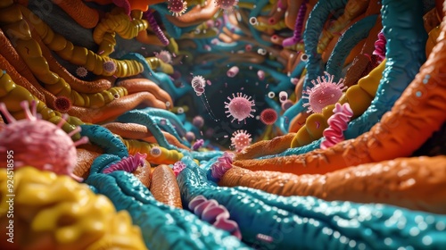 Photograph of a cross section of the human stomach with viruses and bacteria. 3D illustration. photo