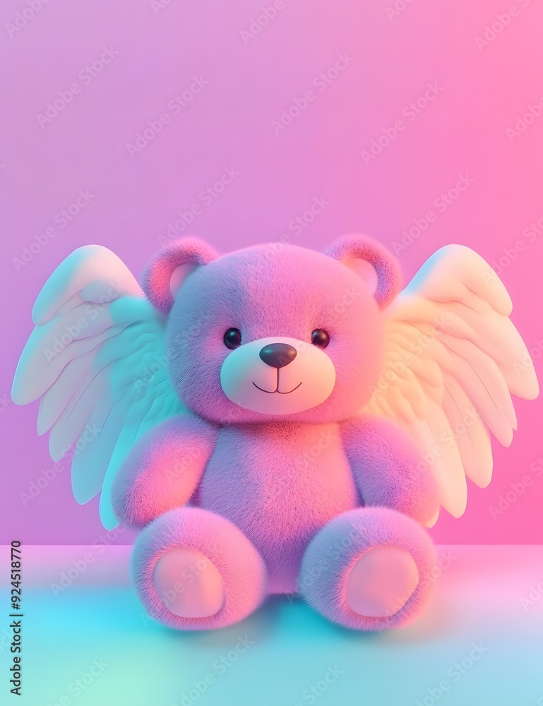 teddy bear with purple and pink hues coming from behind. The bear has beautiful white angel wings teddy bear with purple and pink hues coming from behind. The bear has beautiful white angel wings