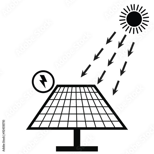 Solar panel and sun icon in grey scale isolated on white background.