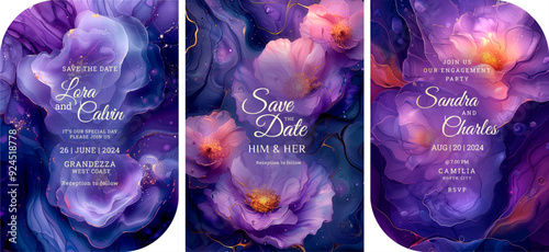 Elegant purple blooming  wedding invitation template design, Luxury greeting design, save the date design, colorful texture, Hand drawn texture design for invitation