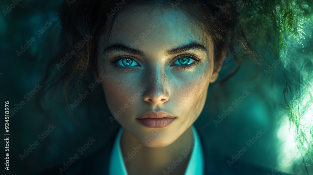 woman with piercing blue eyes, intense gaze, dramatic lighting, ethereal atmosphere, close-up portrait, mysterious expression, soft green background, surreal mood, beauty woman with piercing blue eyes, intense gaze, dramatic lighting, ethereal atmosphere, close-up portrait, mysterious expression, soft green background, surreal mood, beauty