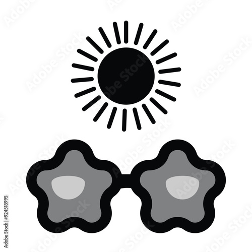Pair of Sunglasses and sun icon in grey scale isolated on white background.