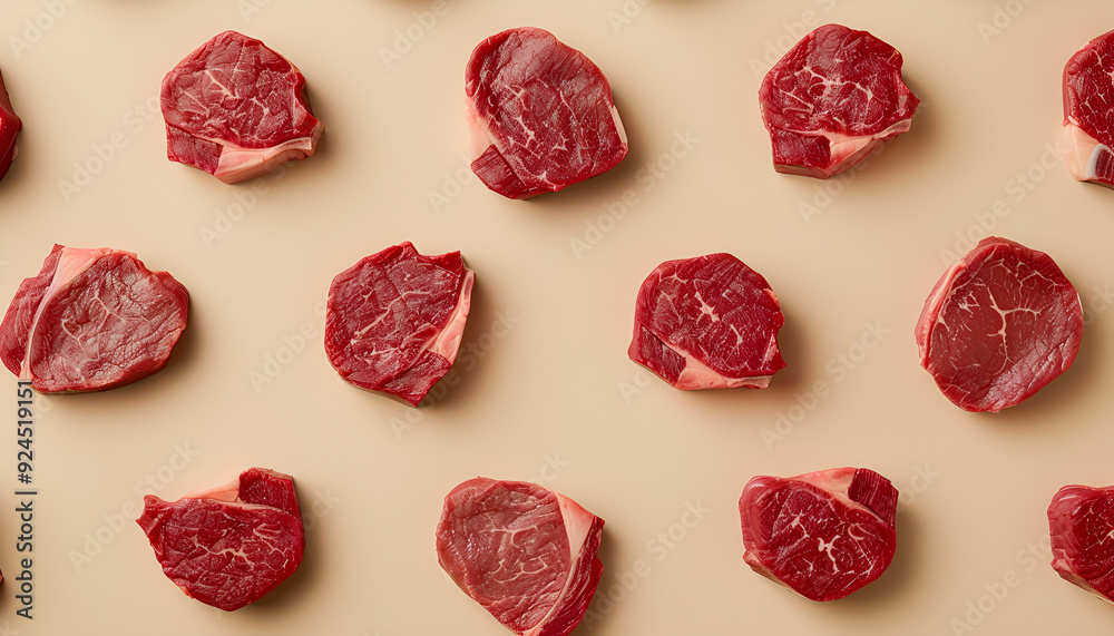 flat lay of raw beef steaks arranged in a repeating pattern on a beige background