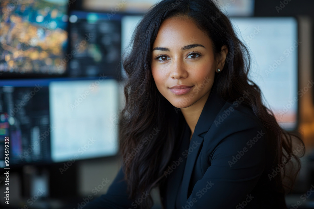 confident businesswoman in front of computer screens, professional environment, technology-driven workspace, poised expression, modern office, data analysis, corporate setting confident businesswoman in front of computer screens, professional environment, technology-driven workspace, poised expression, modern office, data analysis, corporate setting