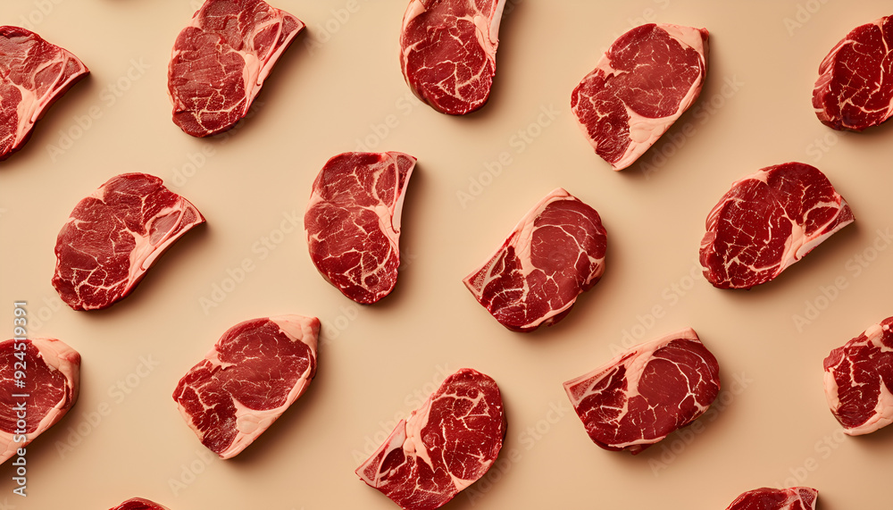 flat lay of raw beef steaks arranged in a repeating pattern on a beige background flat lay of raw beef steaks arranged in a repeating pattern on a beige background