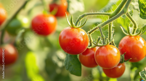 Close-up of ripe cherry tomatoes on the vine, [Main keyword: Vegetables], [Concept: Sweet and juicy garden produce]