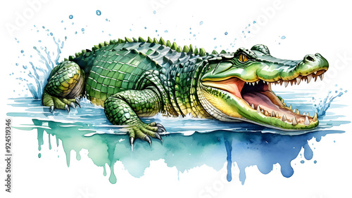 A dynamic watercolor drawing of a crocodile breaking out of turf water, isolated on a transparent or white background.