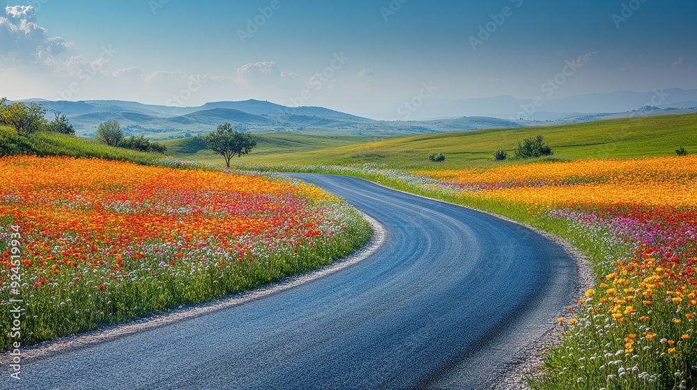 Naklejka premium Winding Road Through a Field of Flowers.