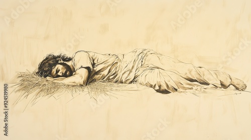 Faith-Inspired Biblical Illustration: Ruth and Boaz at the Threshing Floor, Boaz Resting After Meal, Beige Background, Christian Artwork, Rest Scene photo