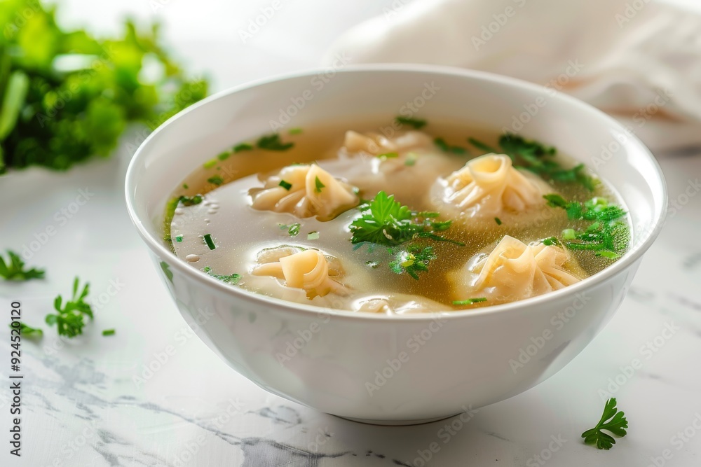 A bowl of soup with dumplings and herbs, showcasing a comforting dish. A bowl of soup with dumplings and herbs, showcasing a comforting dish.