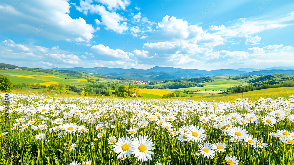 A sunlit meadow filled with blooming daisies and wildflowers under a blue sky A sunlit meadow filled with blooming daisies and wildflowers under a blue sky