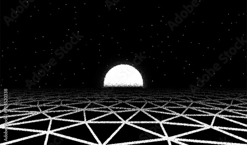Retro dotwork landscape with 60s styled cracked land and sun on the background from old sci-fi book or poster