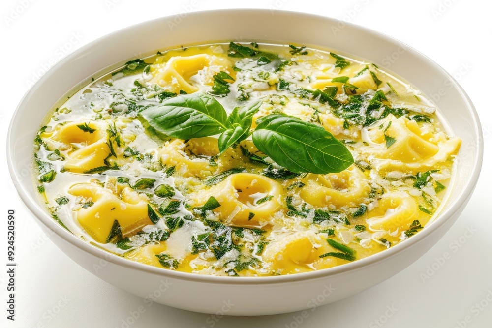 A bowl of soup with tortellini and fresh herbs, garnished with basil leaves. A bowl of soup with tortellini and fresh herbs, garnished with basil leaves.