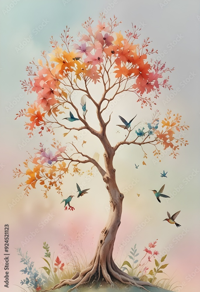 Fototapeta premium color illustration of a tree with birds and butterflies.