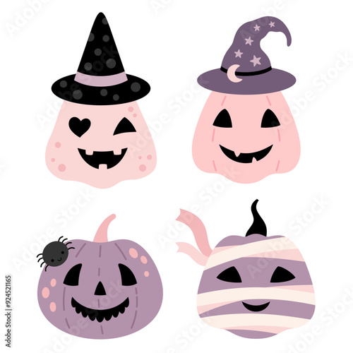 Halloween pumpkin clipart. Pink Pumpkin clipart. Pink Halloween clip art. Cute girly Halloween hand drawn vector illustration.	