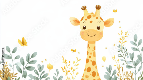 A baby shower invitation card, giraffe theme, fun design,  isolated on white background