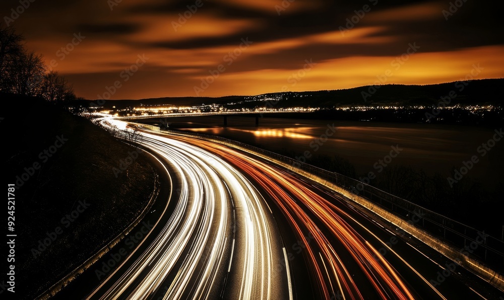 Obraz premium Long exposure photograph of car light trails on the highway at night with a river in the background.