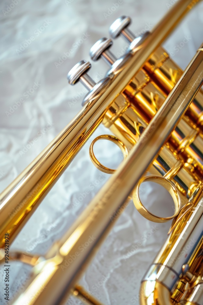 Naklejka premium Close-up shot of a trumpet sitting on a table, ideal for use in editorial or commercial contexts where a musical instrument is needed
