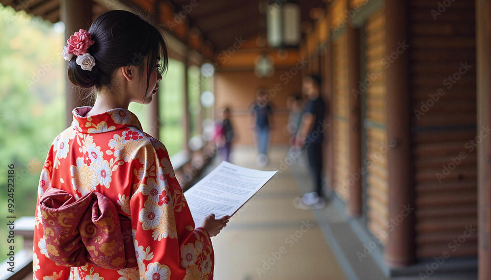 Young Woman in Traditional Kimono Reading a Document in Japanese Garden Young Woman in Traditional Kimono Reading a Document in Japanese Garden