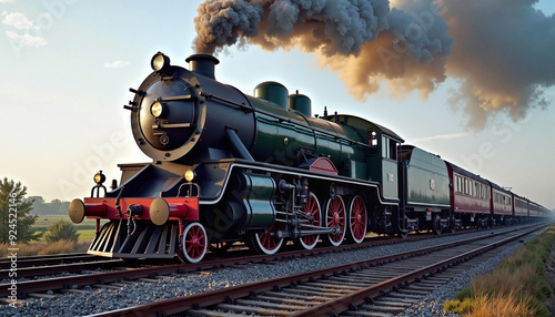 Vintage Steam Train on Railway Track Emitting Smoke