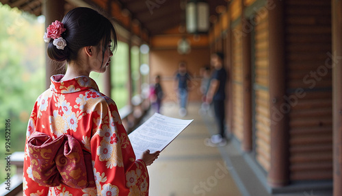 Young Woman in Traditional Kimono Reading a Document in Japanese Garden