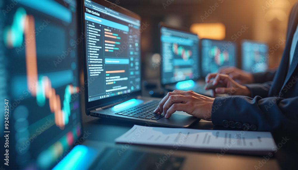 Hands Typing on Laptop with Financial Data on Multiple Screens Hands Typing on Laptop with Financial Data on Multiple Screens