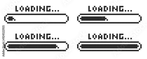 Pixel loading bar y2k retro 8 bit interface game, progress level, download status frame. Pixel title text Loading. Process indicator.