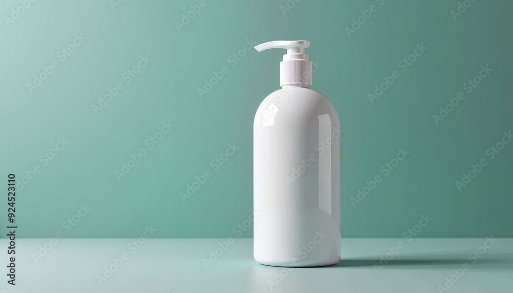 Minimalist white lotion bottle on teal background with copy space Minimalist white lotion bottle on teal background with copy space