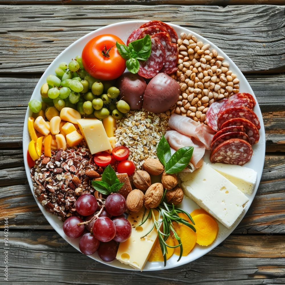Balanced diet and healthy foods. Plate with different delicious products on wooden table, closeup Balanced diet and healthy foods. Plate with different delicious products on wooden table, closeup