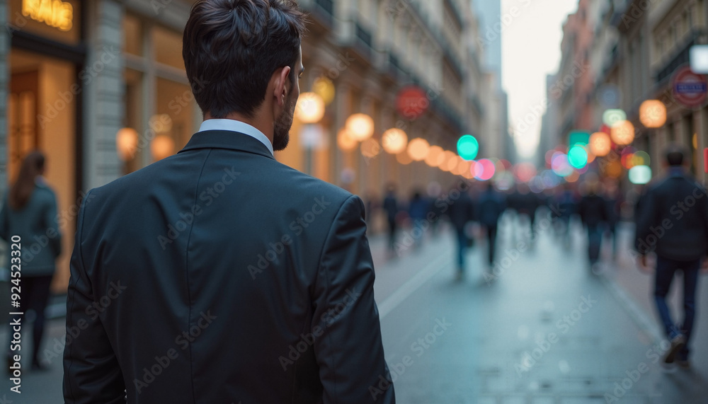 Businessman in a suit walking down a busy city street at dusk Businessman in a suit walking down a busy city street at dusk