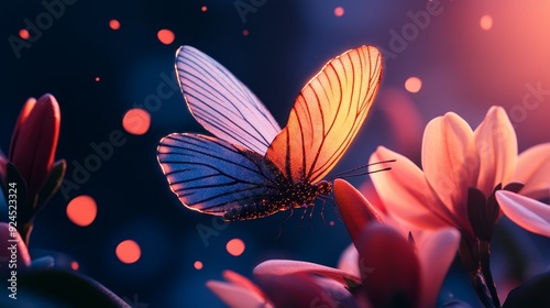 Whimsical garden, fairies with glowing wings, vibrant flowers, magical atmosphere