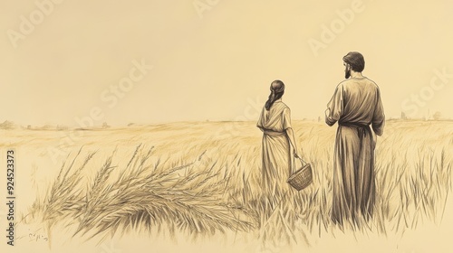 Biblical Illustration: Ruth's diligent gleaning in the fields, catching Boaz's attention from afar, depicted on a beige backdrop photo