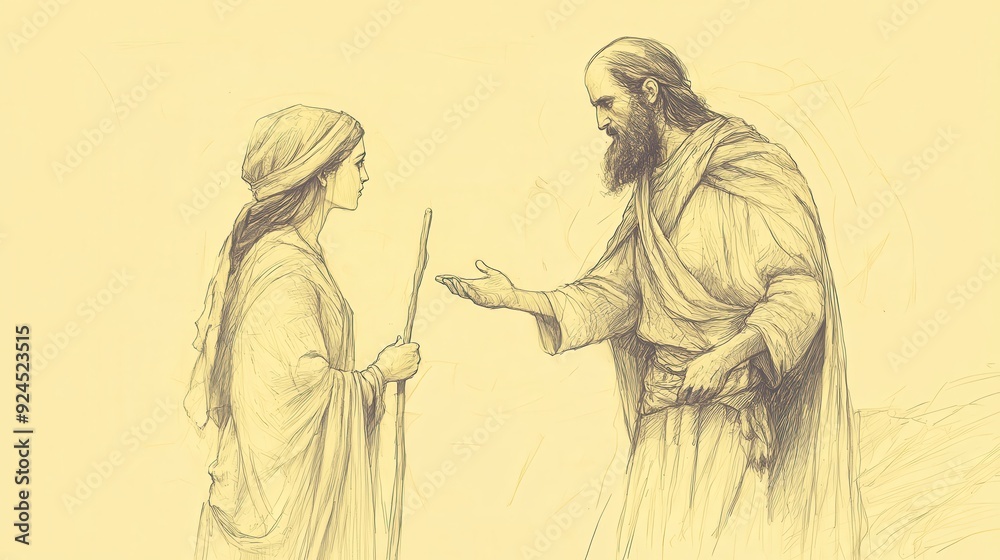 Obraz premium Faith-Inspired Biblical Illustration: Ruth and Boaz at the Threshing Floor, Ruth Asking for Boaz’s Protection, Beige Background, Christian Artwork, Protection Scene