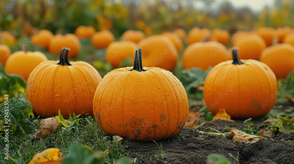 Pumpkins of various sizes and shapes in a field, [Main keyword: Pumpkin], [Concept: Harvest season bounty] 