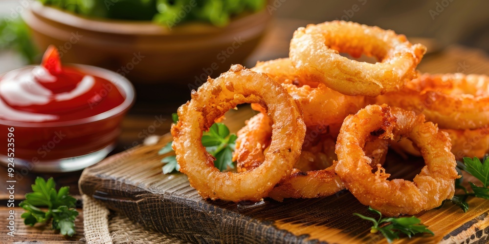 Close up of Homemade Crispy Deep Fried Onion Rings with Ketchup on Rustic Wooden Board Close up of Homemade Crispy Deep Fried Onion Rings with Ketchup on Rustic Wooden Board