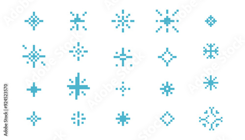 Pixel snowflake winter retro pixilated 8 bit game stamp. Holiday flake ornament. Simple crystal ornament. 