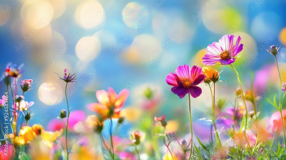 Colorful Cosmos Flowers in a Field of Blurred Light Colorful Cosmos Flowers in a Field of Blurred Light