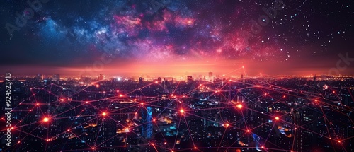 A futuristic city skyline with glowing lines connecting buildings, symbolizing urban connectivity and business. 