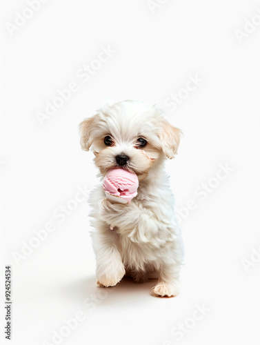 "A white puppy eating ice cream ball Ultra realistic" 