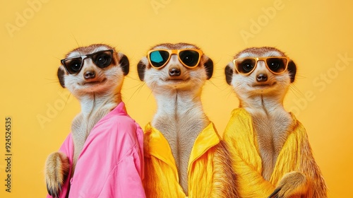 Three Meerkats Wearing Sunglasses and Colorful Jackets.
