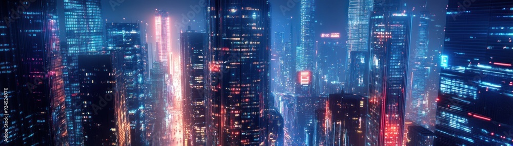 Fototapeta premium Nighttime Cityscape with Illuminated Buildings and Street Lights