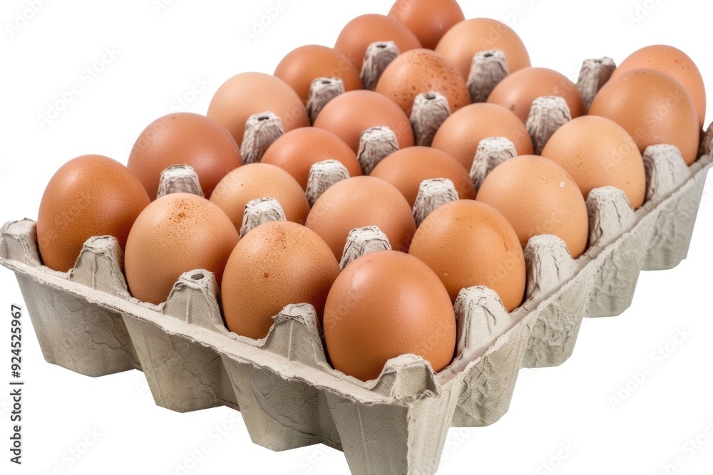 A carton filled with many brown eggs