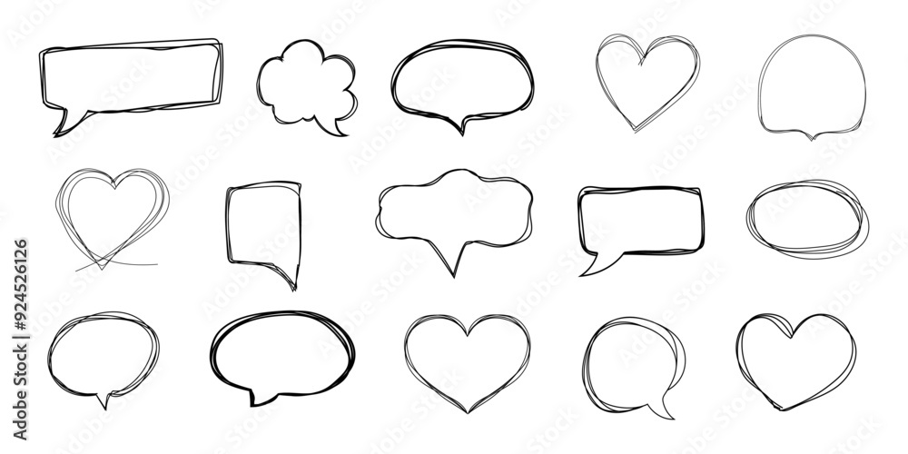 Speech bubble frame scribble fast hand drawing, pent or marker drawing. Comic sketch border, highlight. Cloud, heart, circle bubble chat, text box.