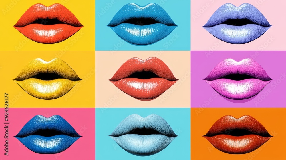 Pop art mouth, various lipstick colors, high contrast, playful and edgy