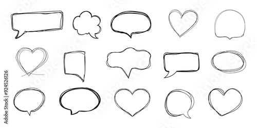 Speech bubble frame scribble fast hand drawing, pent or marker drawing. Comic sketch border, highlight. Cloud, heart, circle bubble chat, text box.