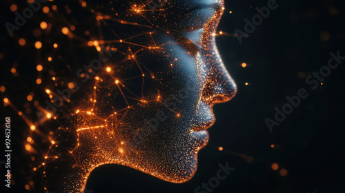 Futuristic woman face composed of orange glowing data points and lines on a dark background. Concept of science, technology and nature