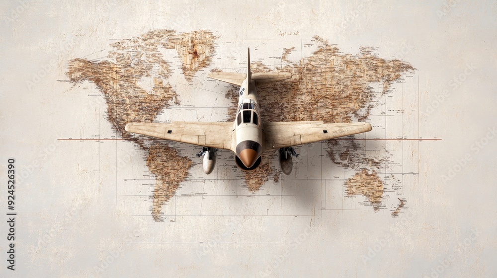 Retro fighter jet, weathered map, detailed mechanical diagrams ...