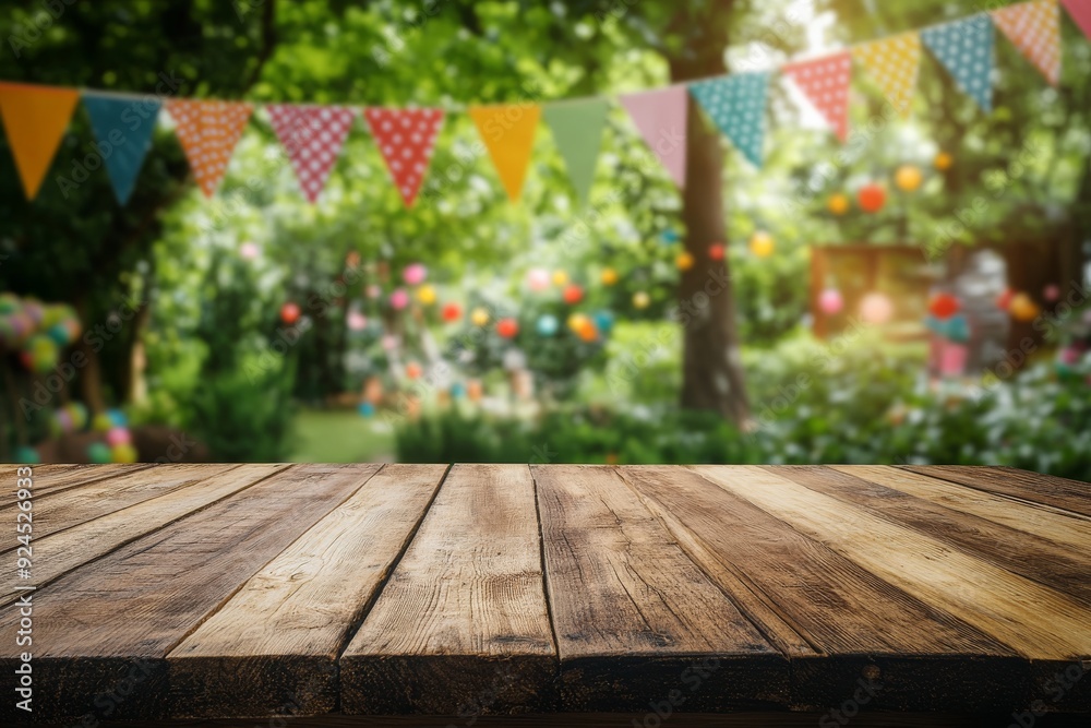 A wooden table top with a blurred background of colorful flags and a green tree, set for a summer party or birthday celebration. A wooden table top with a blurred background of colorful flags and a green tree, set for a summer party or birthday celebration.