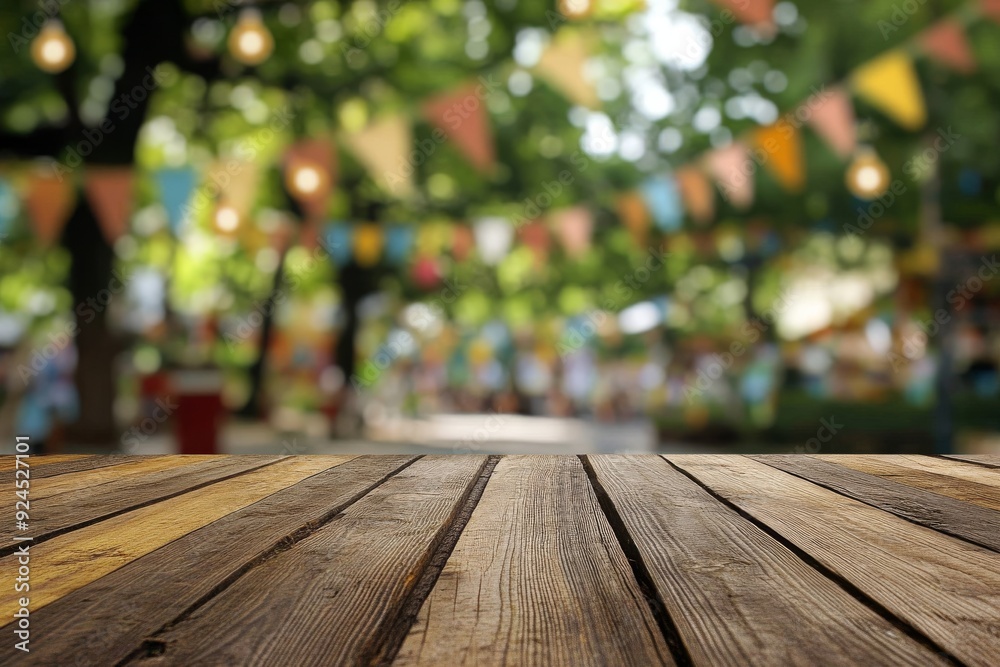 A wooden table top with a blurred background of colorful flags and a green tree, set for a summer party or birthday celebration. A wooden table top with a blurred background of colorful flags and a green tree, set for a summer party or birthday celebration.